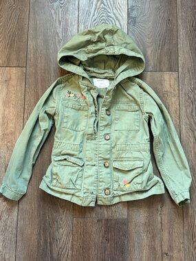 Old Navy Olive Green Hooded Jean-Style Jacket with Floral Embroidery